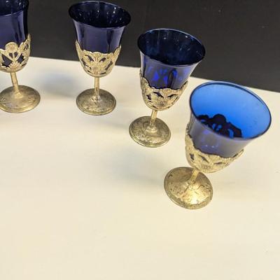 Sale Photo Thumbnail #1215: 6 Vintage American Cut Crystal Cobalt Blue Cordial Glasses Filligree Silverplate