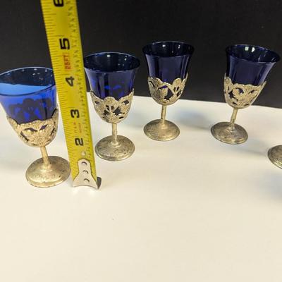 Sale Photo Thumbnail #1217: 6 Vintage American Cut Crystal Cobalt Blue Cordial Glasses Filligree Silverplate