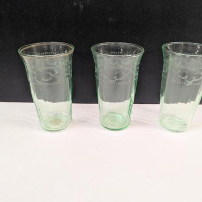 Sale Photo Thumbnail #1229: NEEDLE-ETCHED * 1920’S-30’S GREEN JUICE GLASSES