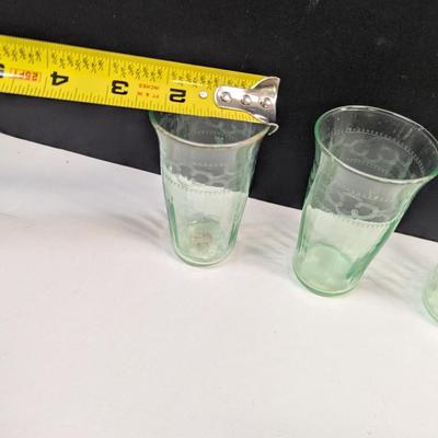 Sale Photo Thumbnail #1232: NEEDLE-ETCHED * 1920’S-30’S GREEN JUICE GLASSES