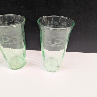 Sale Photo Thumbnail #1230: NEEDLE-ETCHED * 1920’S-30’S GREEN JUICE GLASSES