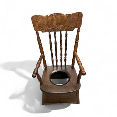 Sale Photo Thumbnail #627: Vintage Wooden Infant Potty Chair 
Seat Ht: 9'  Back Ht; 25"  Width: 12"
