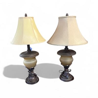Sale Photo Thumbnail #628: Pair of Bronze Crackle Base with glass Body Table Lamps with a beige silky bell shade
Approximately 34" tall