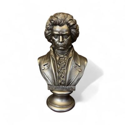 Sale Photo Thumbnail #650: Vintage Bust of Ludwig van Beethoven by Belwin Company 1968.  Made of bronze colored resin.  Approximately 16" tall and weighs around 6 pounds