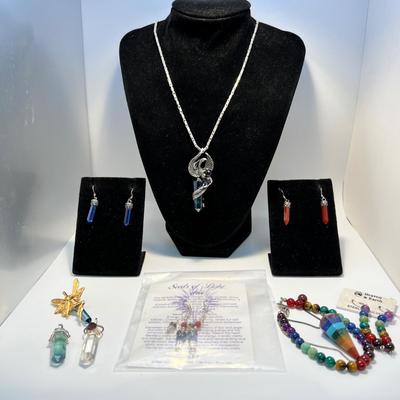 Sterling Phoenix Necklace Plus More Sterling & 7 Chakra Pendulum, Bracelet & Earrings (ST-RG)