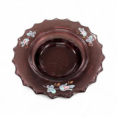 Sale Photo Thumbnail #657: Vintage Covered Candy Dish or Butter Dish featuring a ruffled edge and hand painted floral details.  The color is cranberry or amethyst.  The lid color appears to be slightly different than the dish