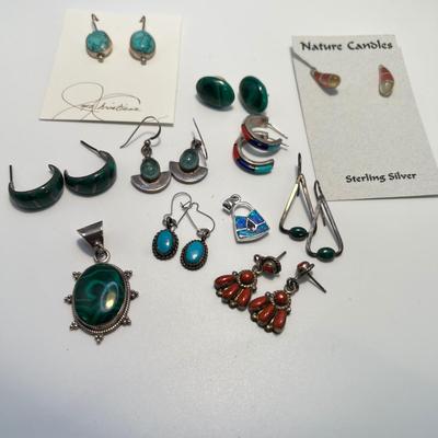 Bill & Lou Zuni Coral Cluster Plus Sterling Earrings & Malachite Pendant (ST-RG)