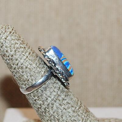 Size 6 Marked .925 Rectangle RAINBOW CALSILICA Gemstone Ring with Full Slanted Lines in Blues & Orange and Silver-Plated Band (5.6g)
