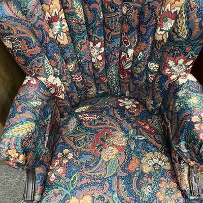 Sale Photo Thumbnail #714: Vintage Floral Barrel Back Armchair with arm covers.