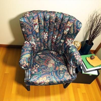 Sale Photo Thumbnail #715: Vintage Floral Barrel Back Armchair with arm covers.
