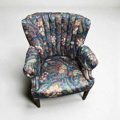 Sale Photo Thumbnail #716: Vintage Floral Barrel Back Armchair with arm covers.