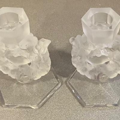 Two Vintage Lalique Mesanges Love Birds Candle Holders