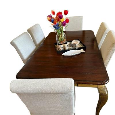 Furniture - Breakfast Room Table w/6 Black Parsons Chairs w/white covers & decor