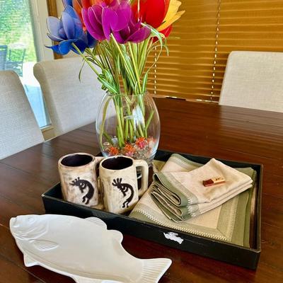 Furniture - Breakfast Room Table w/6 Black Parsons Chairs w/white covers & decor