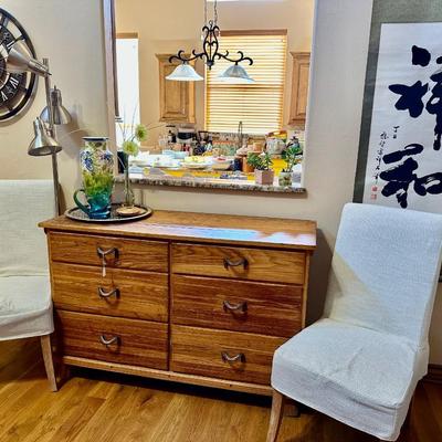 Furniture -Ranch Oak 6 drawer dresser (has horseshoe pulls) and 2 parsons chairs plus decor