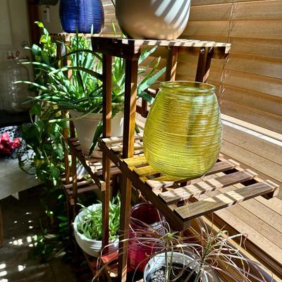 Furniture - Wooden Plant Stand w/ live plants, decor and Black Parsons Chairs w/white covers