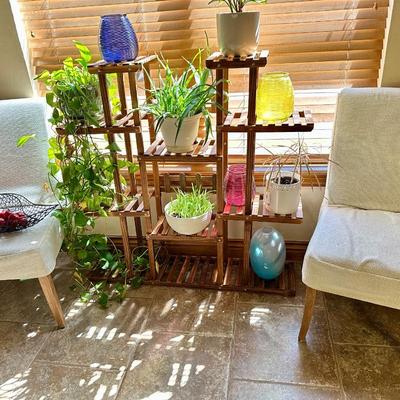 Furniture - Wooden Plant Stand w/ live plants, decor and Black Parsons Chairs w/white covers
