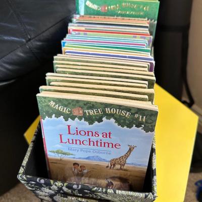 Furniture - Yellow side table. Box of Children’s books