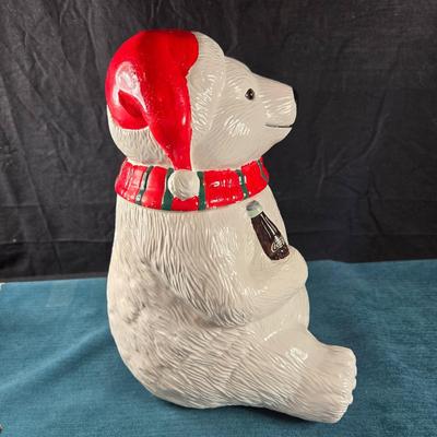 Sale Photo Thumbnail #9: This auction lot is for a large gathering of Coca-Cola items.:  Polar Bear Cookie Jar, has some minor chips around the inside rim of the lid area and looks like a red paint touch up on the head, otherwise in good used condition - dated 1996,  It measures 