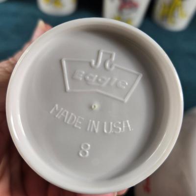 Sale Photo Thumbnail #18: This auction lot is for a Vintage 1950's Cereal Bowl and 8 Juice Glasses.  The bowl appears unused and is about 5.5-inches in diameter x 2-inches deep.  The cups may have light use but are also in very good condition, most still have their original price 