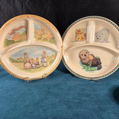 Sale Photo Thumbnail #35: This auction lot is for a set of two divided Melamine Children's plates.  One is a Beatrice Potter themed plate and the other is Baby Animals.  Both appear unused.  They are about 8.5-inches in diameter.