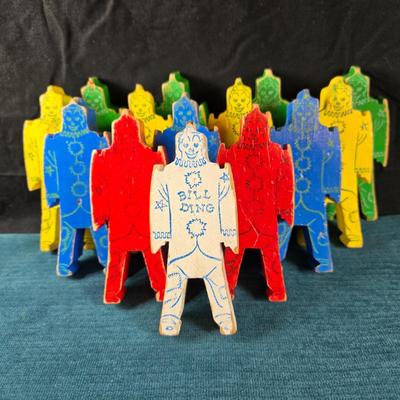 Sale Photo Thumbnail #39: This auction lot is for a 1940's Bill Ding Wooden Building Set. This large set of 14 wooden Bill Ding building pieces includes the rare White Bill Ding himself.  It definitely was loved and played with, but with that in mind, all pieces are complete - jus