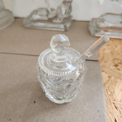 lot of Collectable Glassware Horse Bookends , Jeanette Glass Swan Candy Dish, L.E. Smith Frosted Glass Girl w Swans