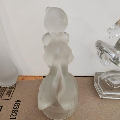 lot of Collectable Glassware Horse Bookends , Jeanette Glass Swan Candy Dish, L.E. Smith Frosted Glass Girl w Swans