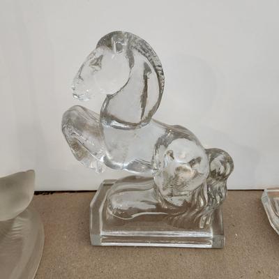 lot of Collectable Glassware Horse Bookends , Jeanette Glass Swan Candy Dish, L.E. Smith Frosted Glass Girl w Swans