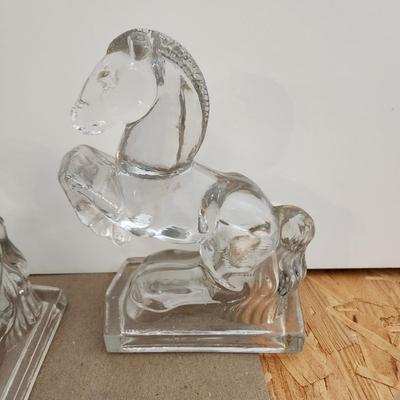lot of Collectable Glassware Horse Bookends , Jeanette Glass Swan Candy Dish, L.E. Smith Frosted Glass Girl w Swans