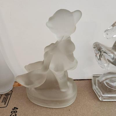 lot of Collectable Glassware Horse Bookends , Jeanette Glass Swan Candy Dish, L.E. Smith Frosted Glass Girl w Swans