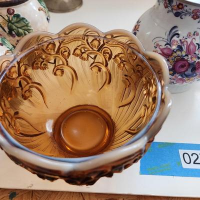 Lot of Collectable Glass Pottery , Dansk Cast Iron Candleholder Denmark, Pink Glass Parasol Candy Dish,, Old Forester Iridescent Decanters