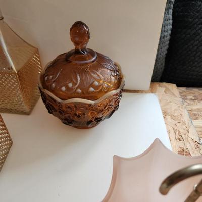 Lot of Collectable Glass Pottery , Dansk Cast Iron Candleholder Denmark, Pink Glass Parasol Candy Dish,, Old Forester Iridescent Decanters