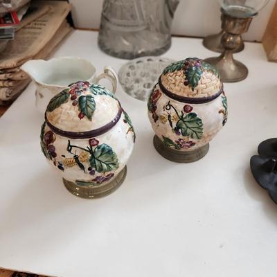 Lot of Collectable Glass Pottery , Dansk Cast Iron Candleholder Denmark, Pink Glass Parasol Candy Dish,, Old Forester Iridescent Decanters