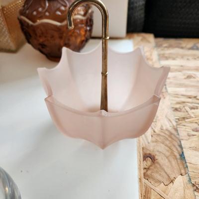 Lot of Collectable Glass Pottery , Dansk Cast Iron Candleholder Denmark, Pink Glass Parasol Candy Dish,, Old Forester Iridescent Decanters