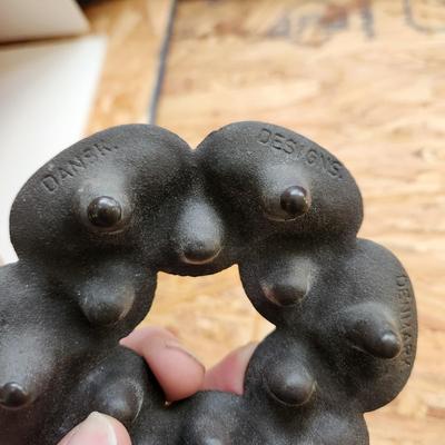 Lot of Collectable Glass Pottery , Dansk Cast Iron Candleholder Denmark, Pink Glass Parasol Candy Dish,, Old Forester Iridescent Decanters