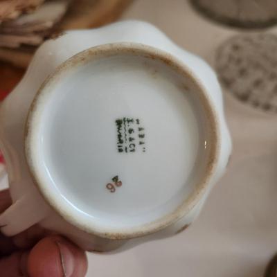 Lot of Collectable Glass Pottery , Dansk Cast Iron Candleholder Denmark, Pink Glass Parasol Candy Dish,, Old Forester Iridescent Decanters