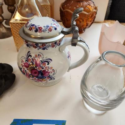 Lot of Collectable Glass Pottery , Dansk Cast Iron Candleholder Denmark, Pink Glass Parasol Candy Dish,, Old Forester Iridescent Decanters