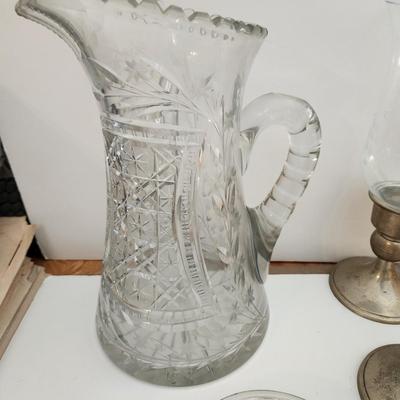 Lot of Collectable Glass Pottery , Dansk Cast Iron Candleholder Denmark, Pink Glass Parasol Candy Dish,, Old Forester Iridescent Decanters