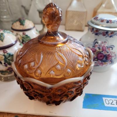 Lot of Collectable Glass Pottery , Dansk Cast Iron Candleholder Denmark, Pink Glass Parasol Candy Dish,, Old Forester Iridescent Decanters