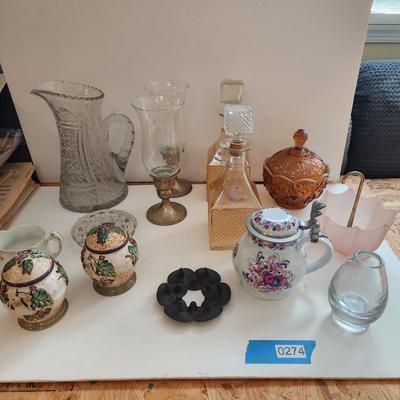 Lot of Collectable Glass Pottery , Dansk Cast Iron Candleholder Denmark, Pink Glass Parasol Candy Dish,, Old Forester Iridescent Decanters