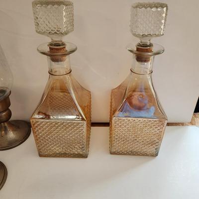 Lot of Collectable Glass Pottery , Dansk Cast Iron Candleholder Denmark, Pink Glass Parasol Candy Dish,, Old Forester Iridescent Decanters