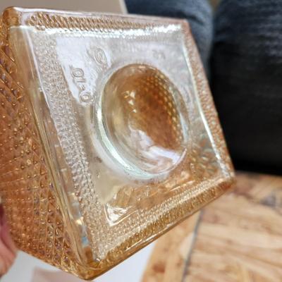 Lot of Collectable Glass Pottery , Dansk Cast Iron Candleholder Denmark, Pink Glass Parasol Candy Dish,, Old Forester Iridescent Decanters