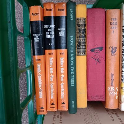 BOOKS AND A PLASTIC MILK CRRATE