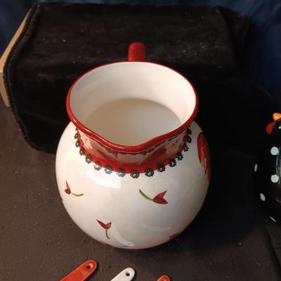 CERAMIC ROOSTER PITCHER, MEASURING SPOONS AND CREAMER