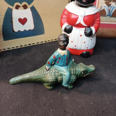 CAST IRON BOY ON A ALLIGATOR, WALL ART, BOBBLEHEAD COIN BANK AND MORE