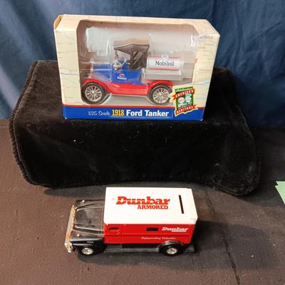 1918 DIE-CAST FORD TANKER AND DIE-CAST DUNBAR ARMORED COIN BANK (missing key and plug)