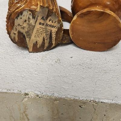 Sale Photo Thumbnail #401: Neat set of vintage steak knives and 4 vintage hand carved totem mugs.
