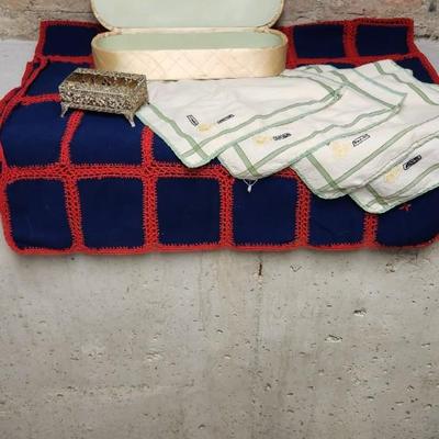Sale Photo Thumbnail #404: Gorgeous hand created throw, 4 Mickey napkins, a vintage glove box and sweet little holder...might be for pocket packs of Kleenex?