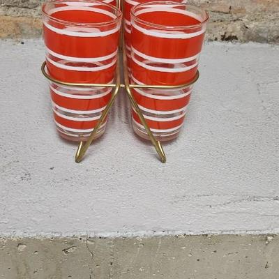 Sale Photo Thumbnail #438: Fantastic set of 6 red striped tumblers with original holder.